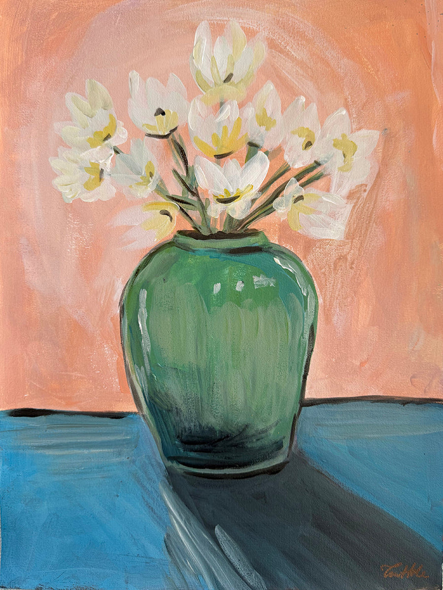 Hvite blomster i grønn vase, maleri