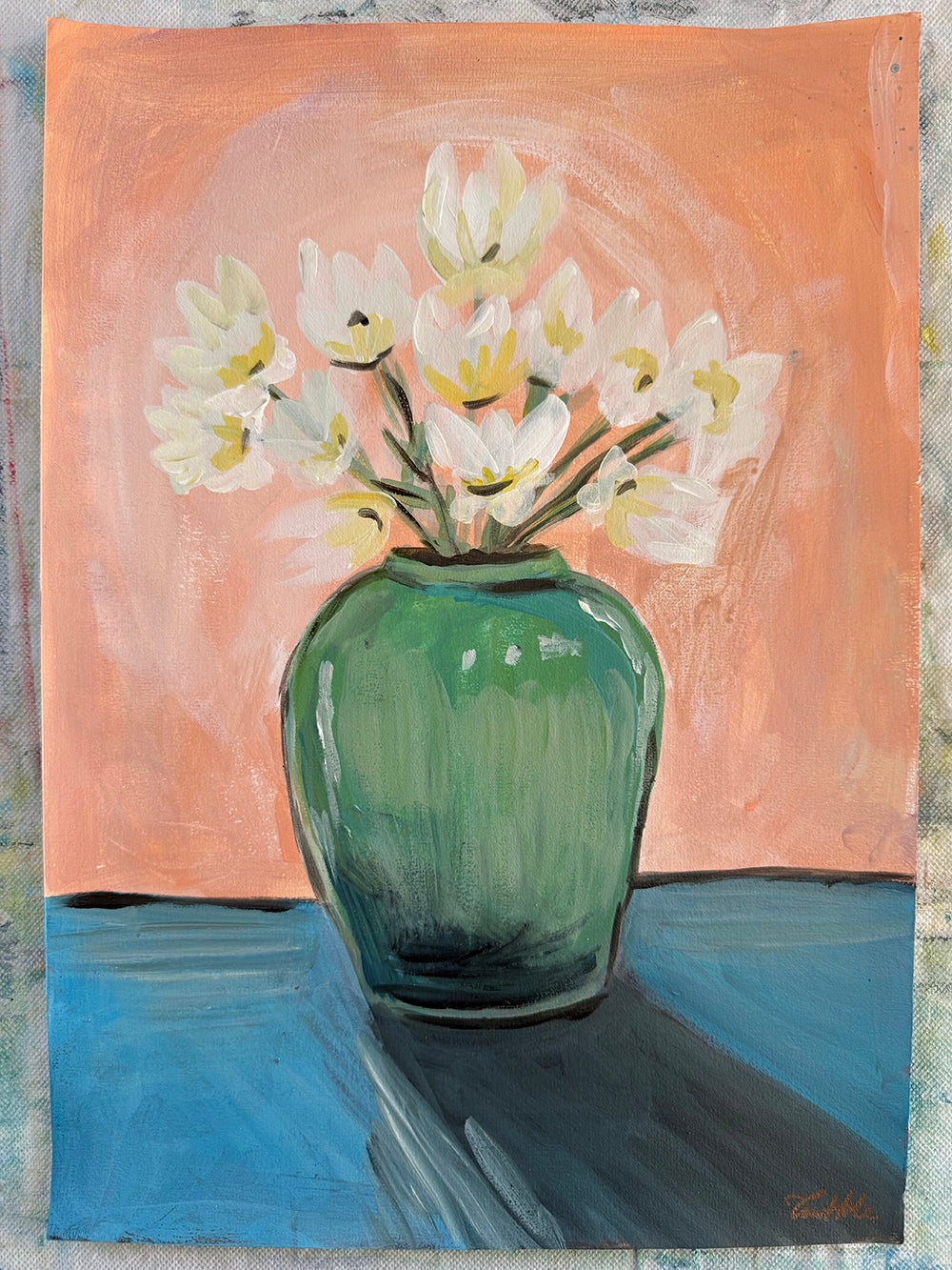 Hvite blomster i grønn vase, maleri